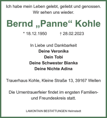 Traueranzeige von Bernd 