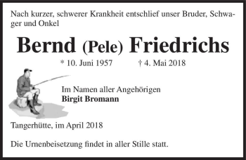 Traueranzeige von Bernd (Pele) Friedrichs  von Magdeburger Volksstimme