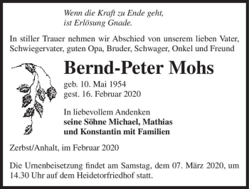 Traueranzeige von Bernd-Peter Mohs  von Magdeburger Volksstimme