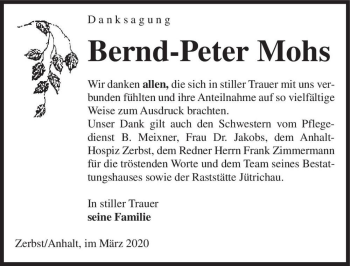 Traueranzeige von Bernd-Peter Mohs  von Magdeburger Volksstimme