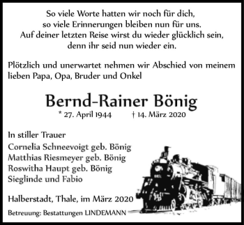 Traueranzeige von Bernd-Rainer Bönig  von Magdeburger Volksstimme