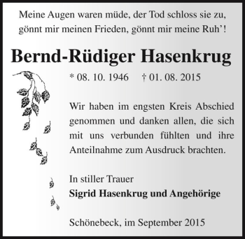 Traueranzeige von Bernd-Rüdiger Hasenkrug  von Magdeburger Volksstimme