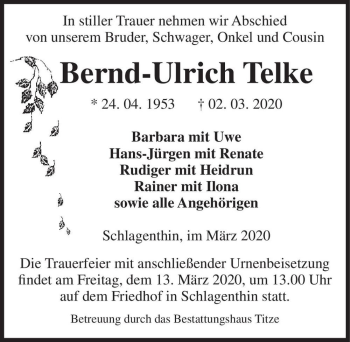 Traueranzeige von Bernd-Ulrich Telke  von Magdeburger Volksstimme