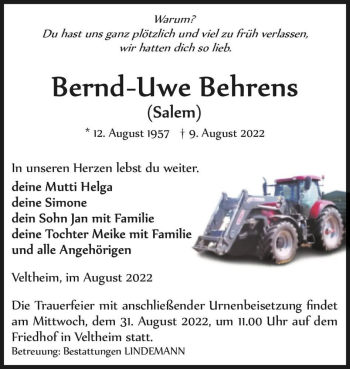 Traueranzeige von Bernd-Uwe Behrens (Salem)  von Magdeburger Volksstimme