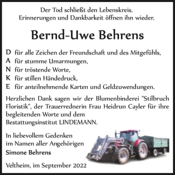 Traueranzeige von Bernd-Uwe Behrens  von Magdeburger Volksstimme