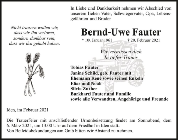 Traueranzeige von Bernd-Uwe Fauter  von Magdeburger Volksstimme
