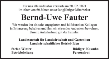 Traueranzeige von Bernd-Uwe Fauter  von Magdeburger Volksstimme