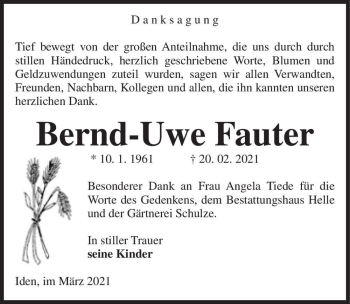 Traueranzeige von Bernd-Uwe Fauter  von Magdeburger Volksstimme