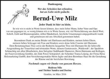 Traueranzeige von Bernd-Uwe Milz  von Magdeburger Volksstimme
