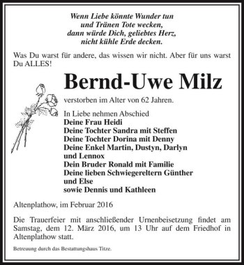 Traueranzeige von Bernd-Uwe Milz  von Magdeburger Volksstimme