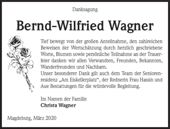 Traueranzeige von Bernd-Wilfried Wagner  von Magdeburger Volksstimme