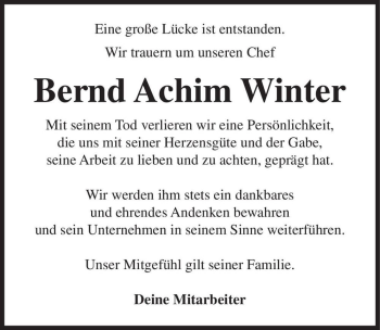 Traueranzeige von Bernd Achim Winter  von Magdeburger Volksstimme