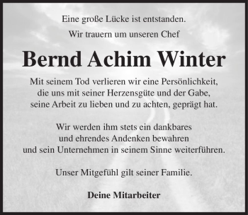 Traueranzeige von Bernd Achim Winter  von Magdeburger Volksstimme