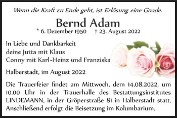 Traueranzeige von Bernd Adam  von Magdeburger Volksstimme