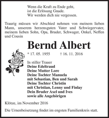 Traueranzeige von Bernd Albert  von Magdeburger Volksstimme