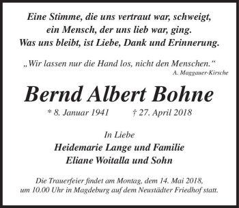 Traueranzeige von Bernd Albert Bohne  von Magdeburger Volksstimme
