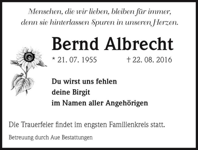  Traueranzeige für Bernd Albrecht  vom 27.08.2016 aus Magdeburger Volksstimme