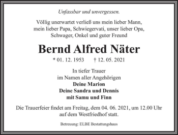 Traueranzeige von Bernd Alfred Näter  von Magdeburger Volksstimme
