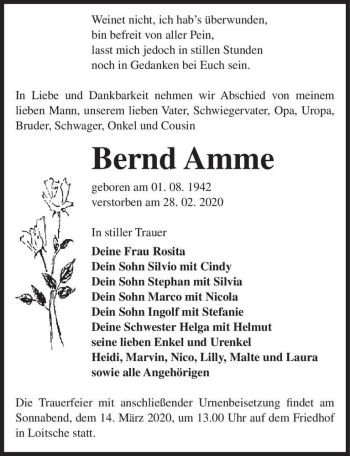 Traueranzeige von Bernd Amme  von Magdeburger Volksstimme