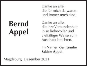 Traueranzeige von Bernd Appel  von Magdeburger Volksstimme