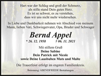 Traueranzeige von Bernd Appel  von Magdeburger Volksstimme