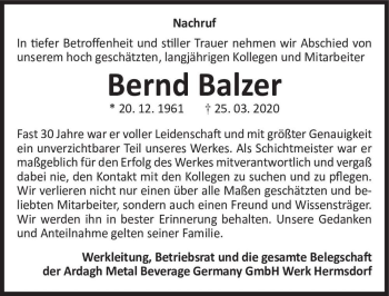 Traueranzeige von Bernd Balzer  von Magdeburger Volksstimme
