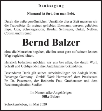 Traueranzeige von Bernd Balzer  von Magdeburger Volksstimme