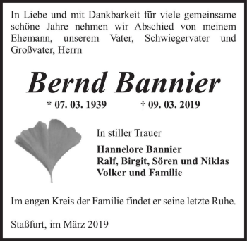 Traueranzeige von Bernd Bannier  von Magdeburger Volksstimme