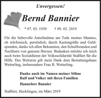 Traueranzeige von Bernd Bannier  von Magdeburger Volksstimme