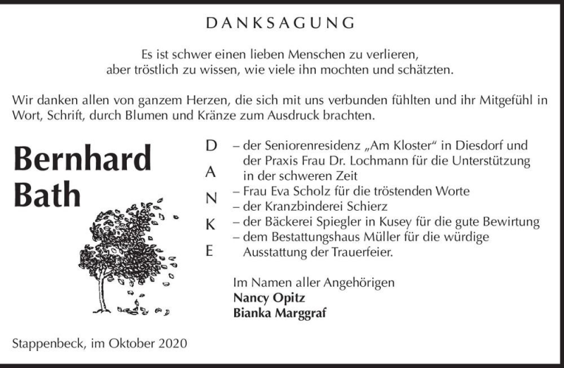  Traueranzeige für Bernd Barth  vom 30.10.2020 aus Magdeburger Volksstimme