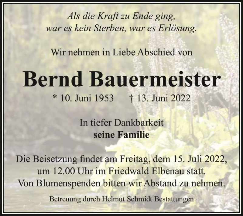  Traueranzeige für Bernd Bauermeister  vom 18.06.2022 aus Magdeburger Volksstimme