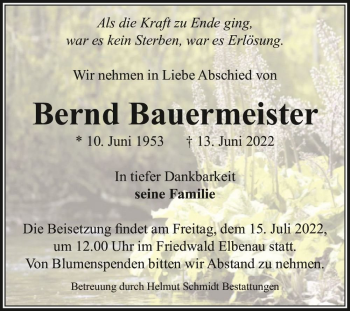 Traueranzeige von Bernd Bauermeister  von Magdeburger Volksstimme