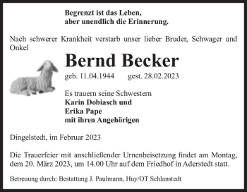 Traueranzeige von Bernd Becker  von Magdeburger Volksstimme