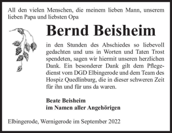 Traueranzeige von Bernd Beisheim  von Magdeburger Volksstimme