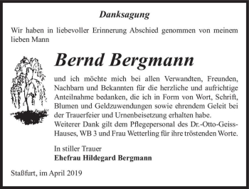 Traueranzeige von Bernd Bergmann  von Magdeburger Volksstimme