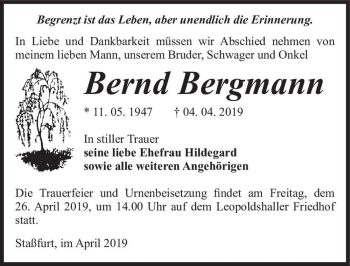 Traueranzeige von Bernd Bergmann  von Magdeburger Volksstimme