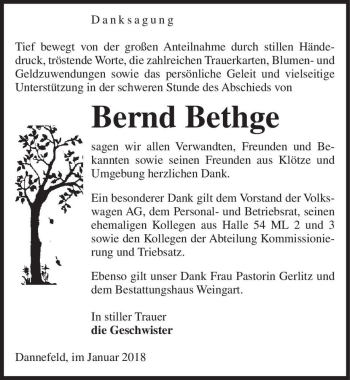 Traueranzeige von Bernd Bethge  von Magdeburger Volksstimme