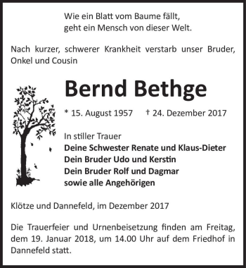Traueranzeige von Bernd Bethge  von Magdeburger Volksstimme