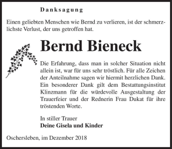 Traueranzeige von Bernd Bieneck  von Magdeburger Volksstimme