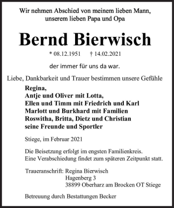 Traueranzeige von Bernd Bierwisch  von Magdeburger Volksstimme