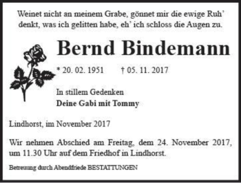 Traueranzeige von Bernd Bindemann  von Magdeburger Volksstimme
