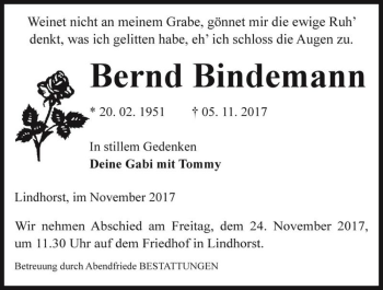 Traueranzeige von Bernd Bindemann  von Magdeburger Volksstimme