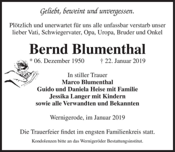 Traueranzeige von Bernd Blumenthal  von Magdeburger Volksstimme