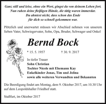 Traueranzeige von Bernd Bock  von Magdeburger Volksstimme