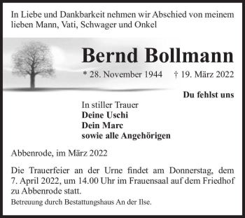 Traueranzeige von Bernd Bollmann  von Magdeburger Volksstimme