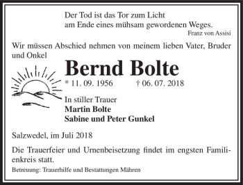 Traueranzeige von Bernd Bolte  von Magdeburger Volksstimme