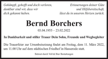 Traueranzeige von Bernd Borchers  von Magdeburger Volksstimme