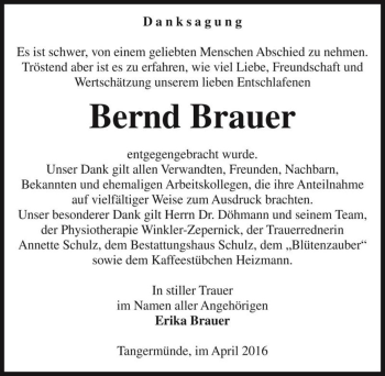 Traueranzeige von Bernd Brauer  von Magdeburger Volksstimme