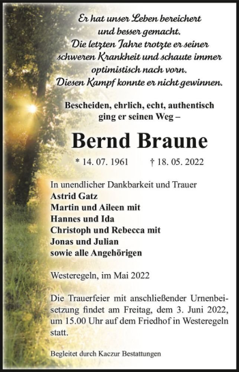 Traueranzeige von Bernd Braune  von Magdeburger Volksstimme