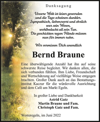 Traueranzeige von Bernd Braune  von Magdeburger Volksstimme